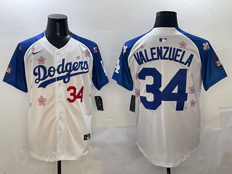 Men Los Angeles Dodgers 34 Valenzuela White Blue Sakura Edition 2025 Nike MLB Jersey style 4